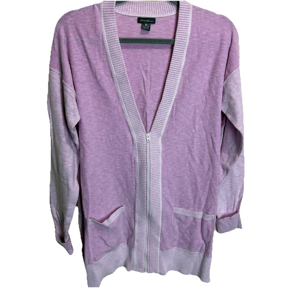 Eddie Bauer Womens Long Line Zip Up Cardigan V-Neck Lavender L Tall Spring